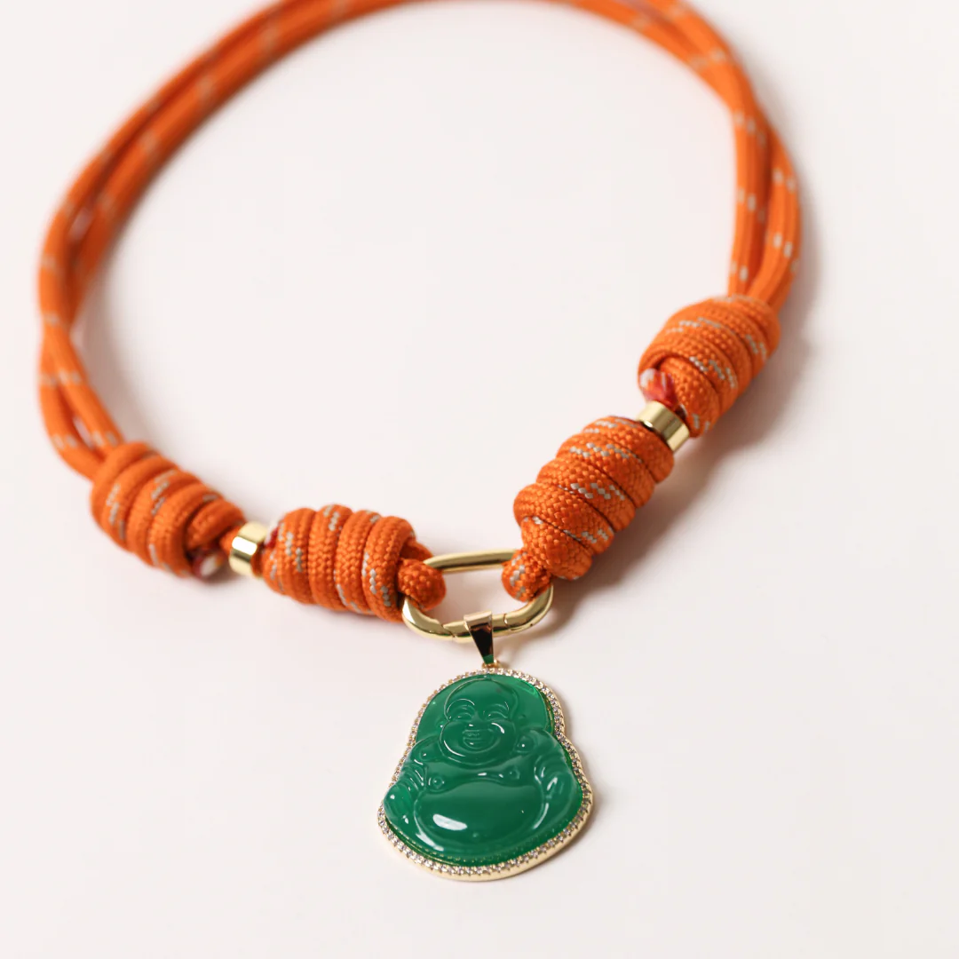 POP UPS X HANNAH B BOAT ROPE BURNT ORANGE NECKLACE WITH GREEN BUDDHA - Image 3