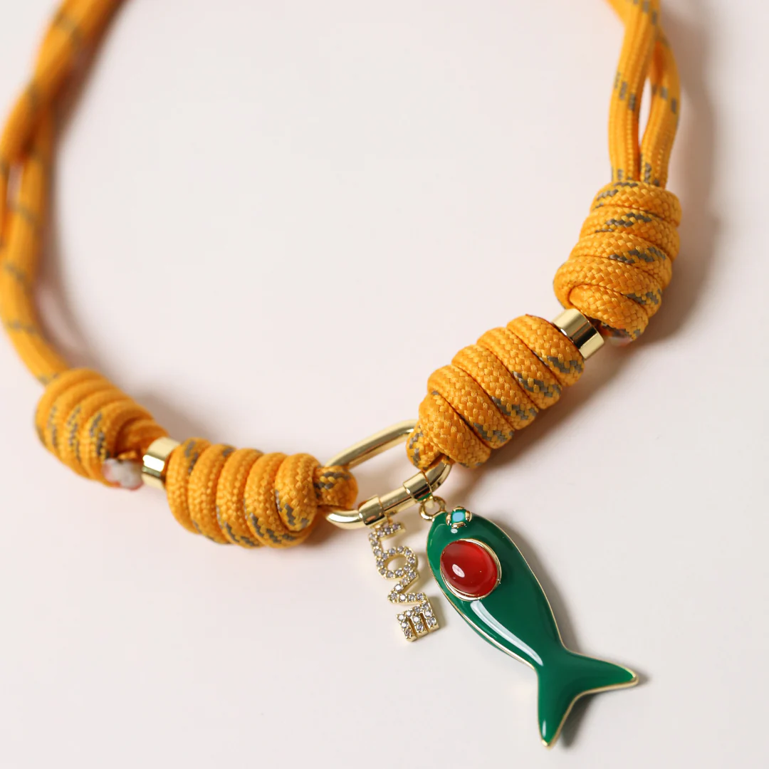 POP UPS X HANNAH B BOAT ROPE MUSTARD NECKLACE WITH GREEN ENAMEL FISH & LOVE - Image 3