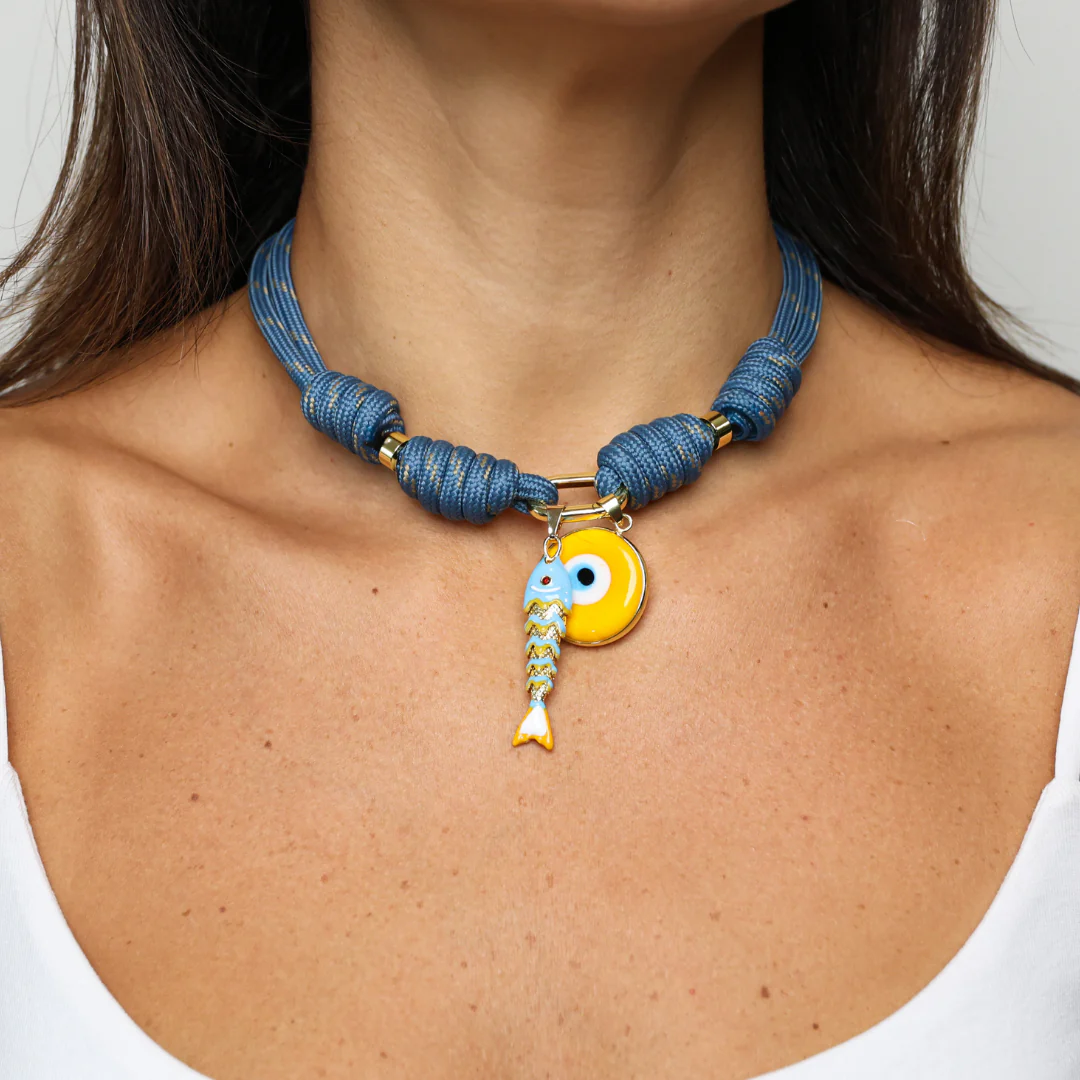 POP UPS X HANNAH B BOAT ROPE STORMY BLUE NECKLACE WITH YELLOW SARDINE & YELLOW EVIL EYE - Image 3