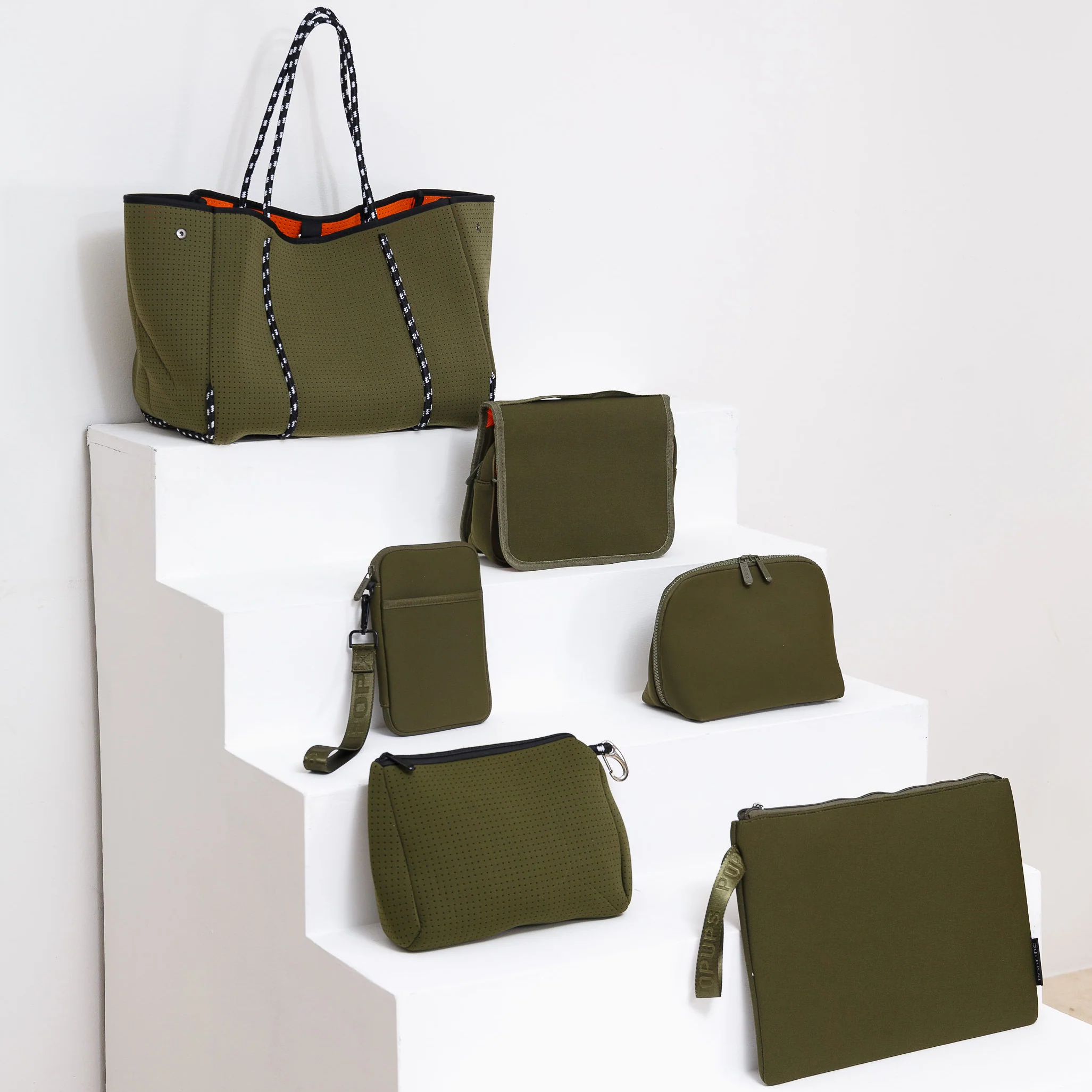 SAFARI GREEN EVERYTHING SET: EVERYDAY TOTE + LAPTOP SLEEVE + TOILETRY BAG + PASSPORT WALLET + ESSENTIAL POUCH + MAKEUP POUCH