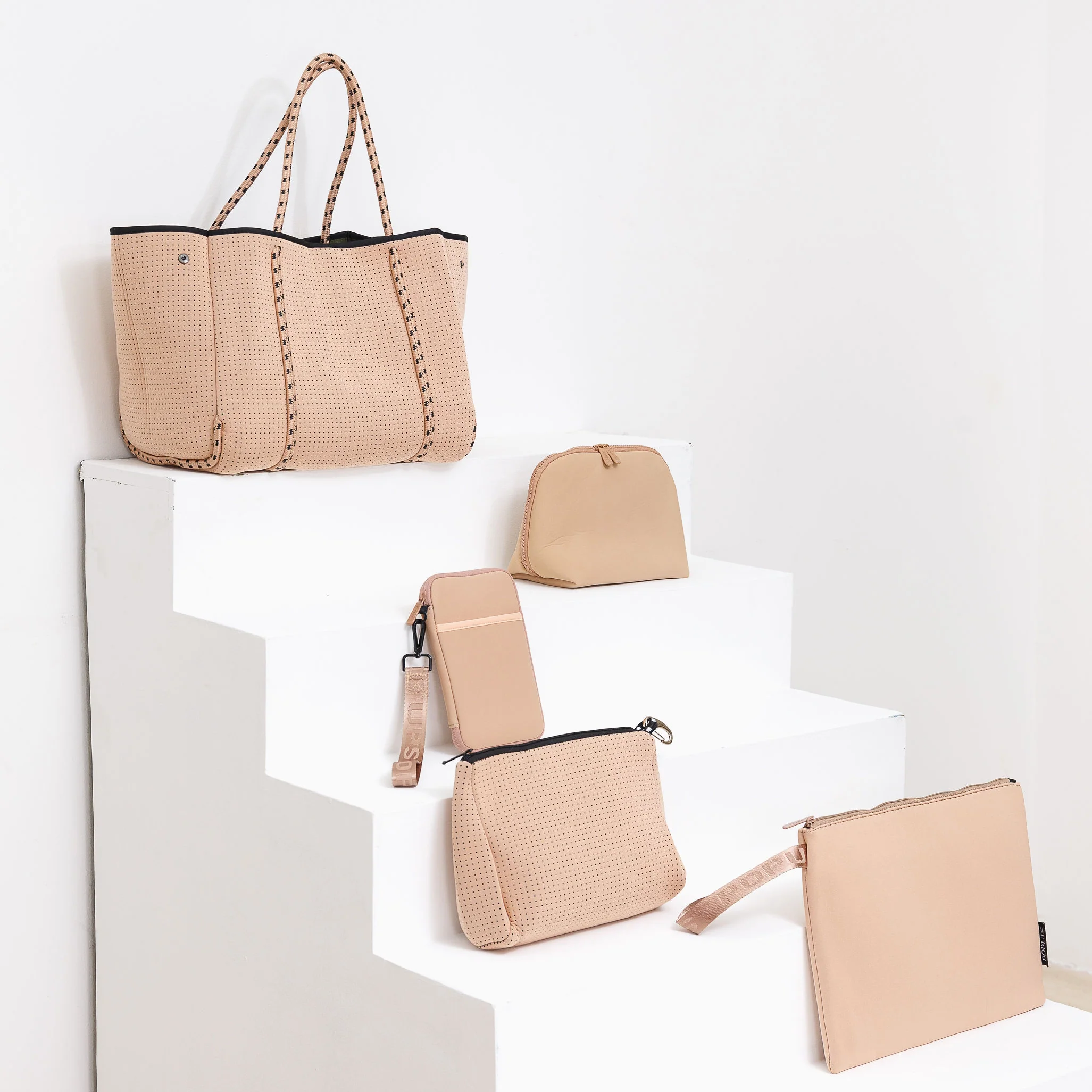 TAN EVERYTHING SET: EVERYDAY TOTE + LAPTOP SLEEVE + PASSPORT WALLET + ESSENTIAL POUCH + MAKEUP POUCH
